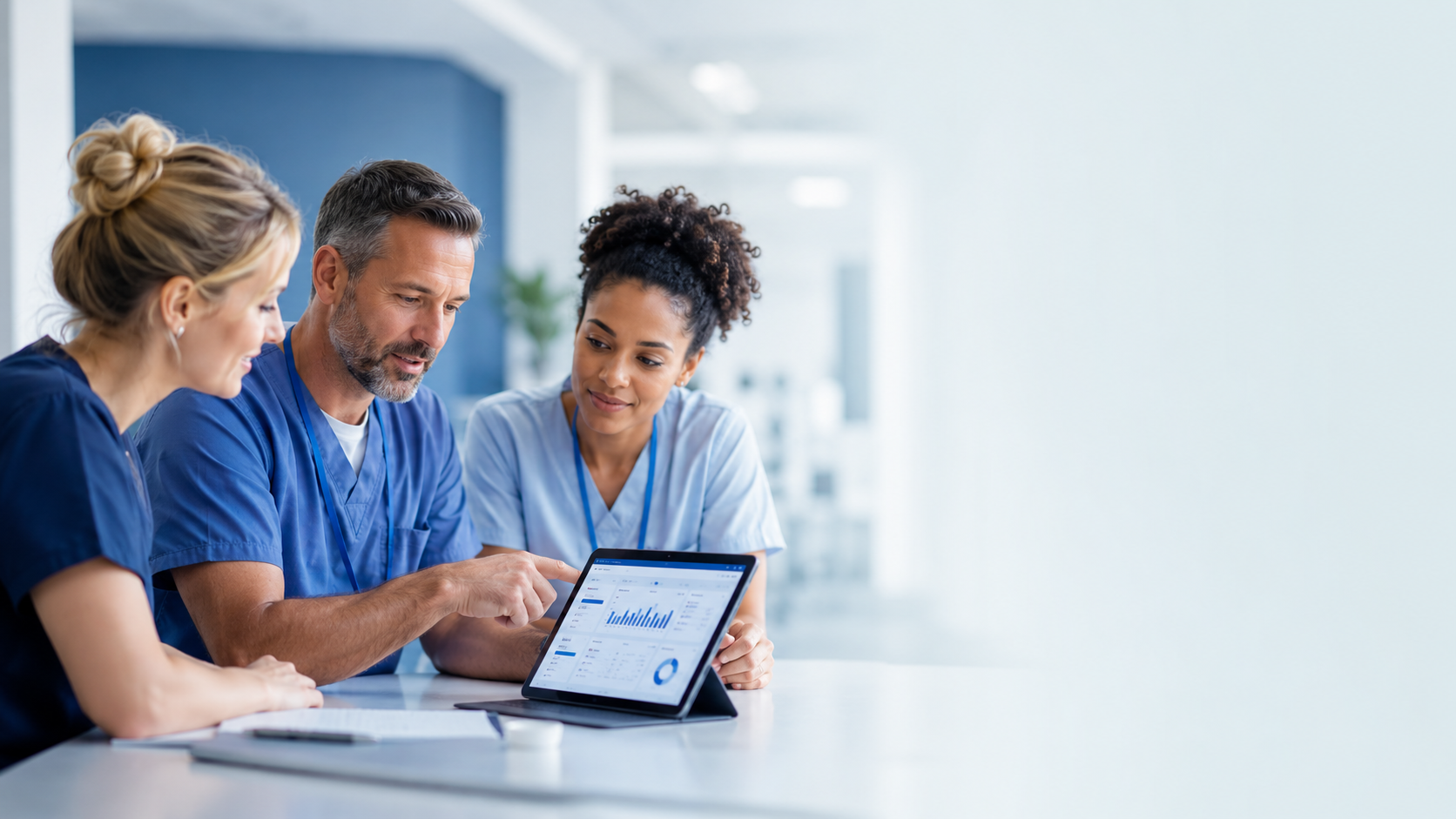 NHS clinicians reviewing monitoring insights together in a bright modern clinical workspace